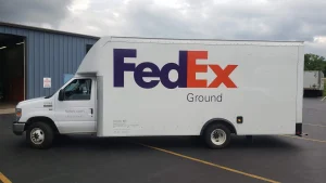 Large corporate logo on a delivery truck